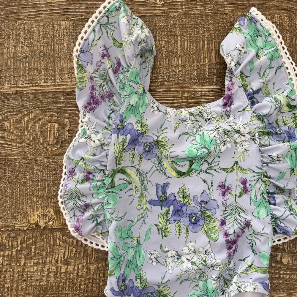 Janie and Jack Floral Ruffle One Piece Swimsuit Lavender Fields 4 NWOT - Picture 4 of 9